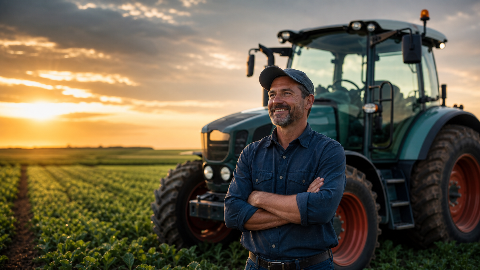 Produtor rural diante de um trator
