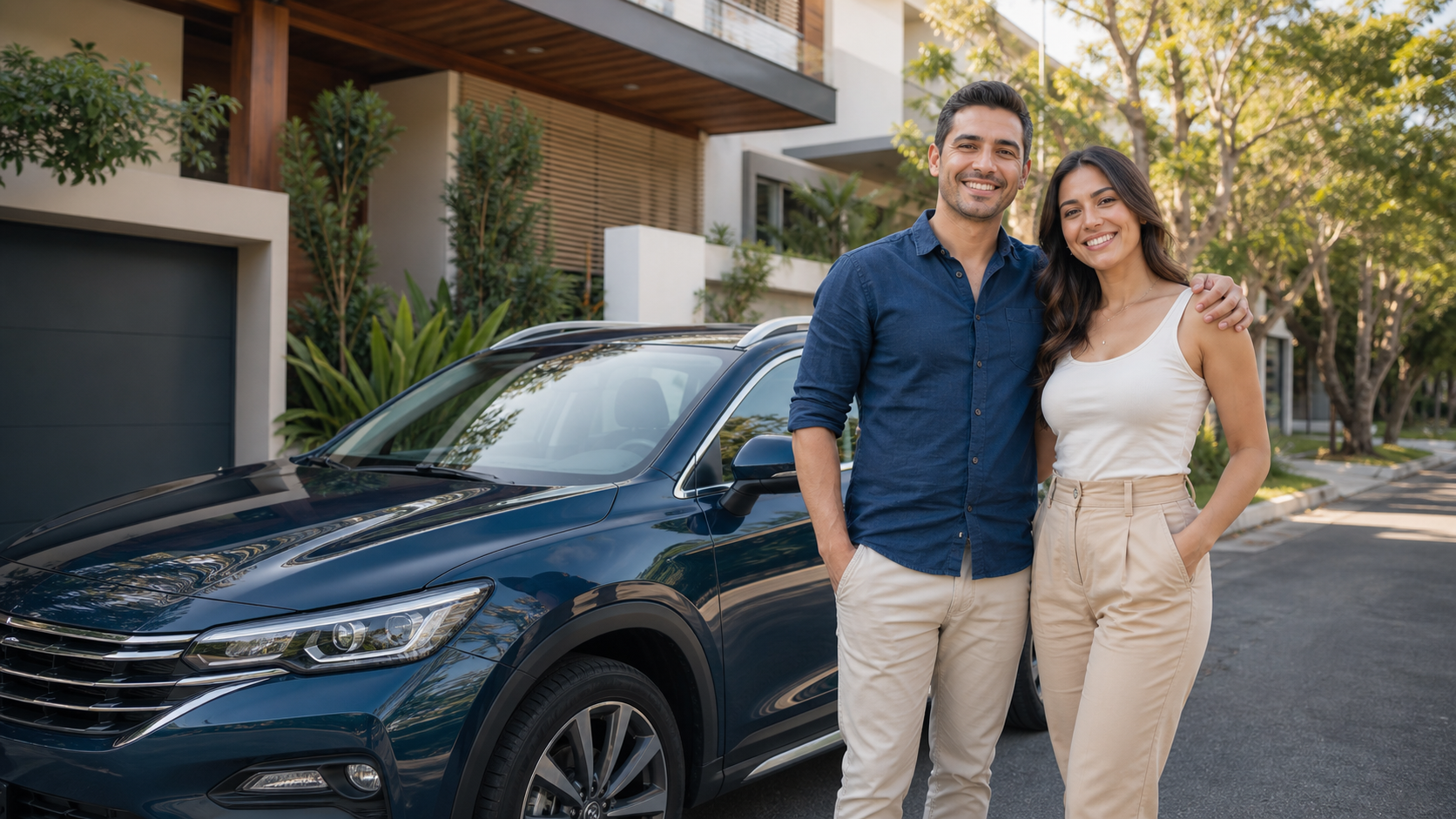 Casal ao lado de um automóvel