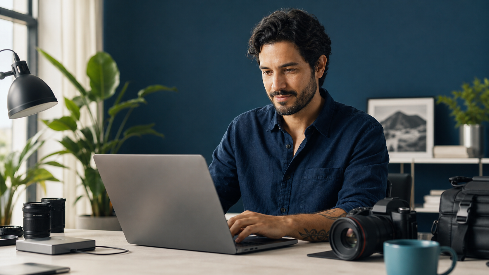 Profissional com notebook e câmera